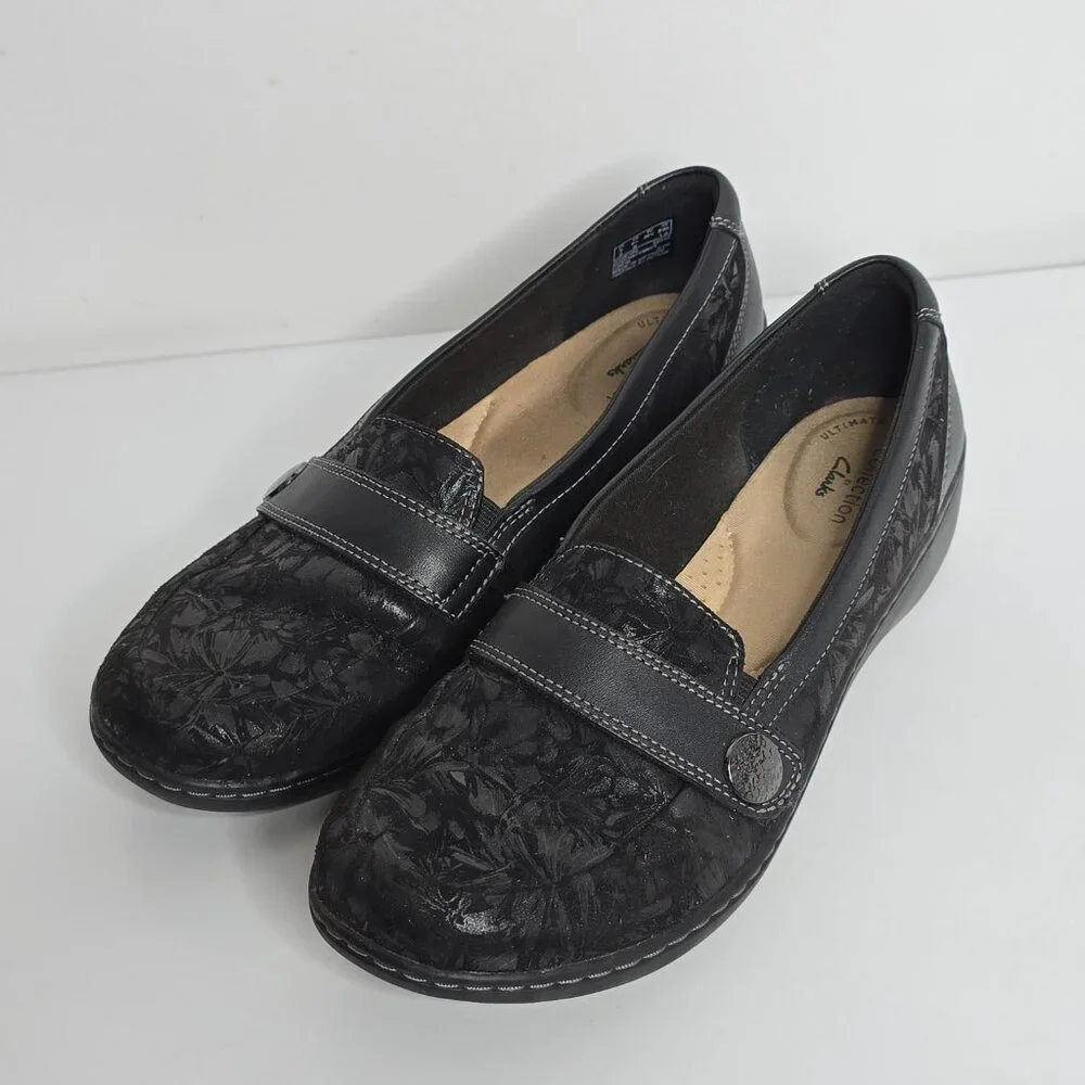 Clarks Womens 8.5 M Cora Daisy Black Embossed Slip On Loafer Leather Shoes